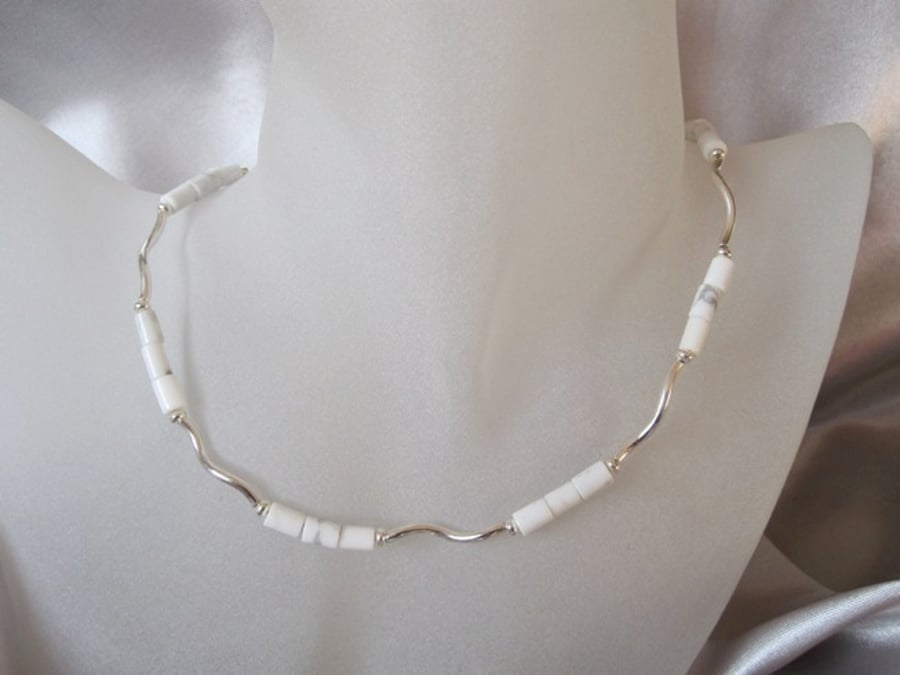 White & Pastel Grey Howlite Tubes & Sterling Silver Wave Tubes Necklace