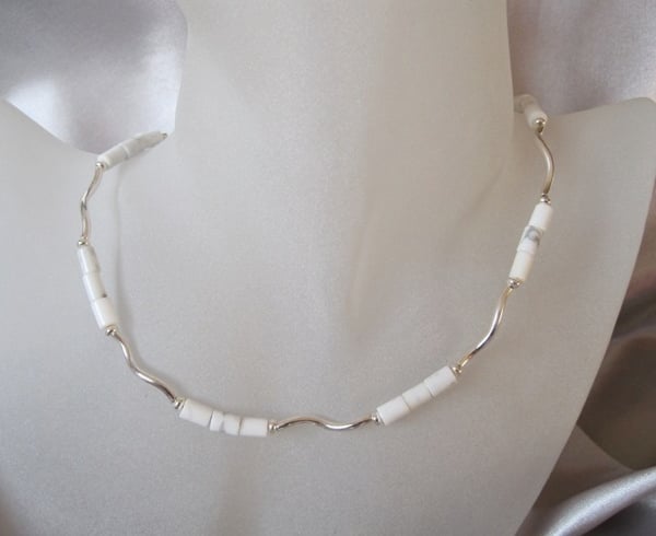 White & Pastel Grey Howlite Tubes & Sterling Silver Wave Tubes Necklace