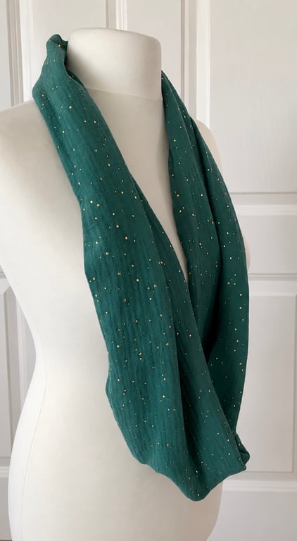 Forest Green with Gold Speckles Infinity Scarf, 100% cotton 