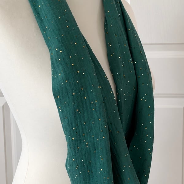 Forest Green with Gold Speckles Infinity Scarf, 100% cotton 