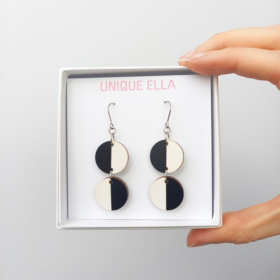 Modern Miami Wooden Earrings Black White Sustainable Jewellery Gift
