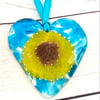 Fused glass  cast heart with sunflower- glass hanging 
