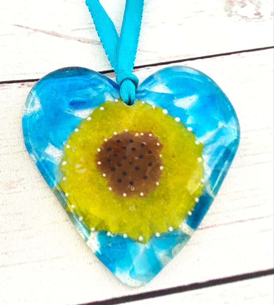 Fused glass  cast heart with sunflower- glass hanging 