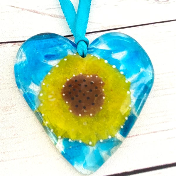 Fused glass  cast heart with sunflower- glass hanging 