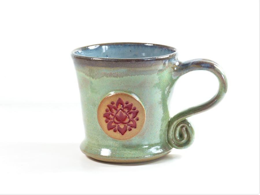 Red Lotus Flower -  Green Mug,  Ceramic Pottery Stoneware UK Wheelthrown 