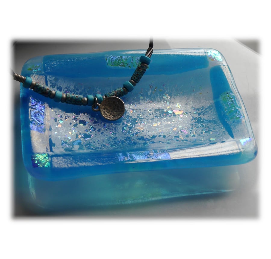 Soap Dish Fused Glass Turquoise dichroic decorated 013