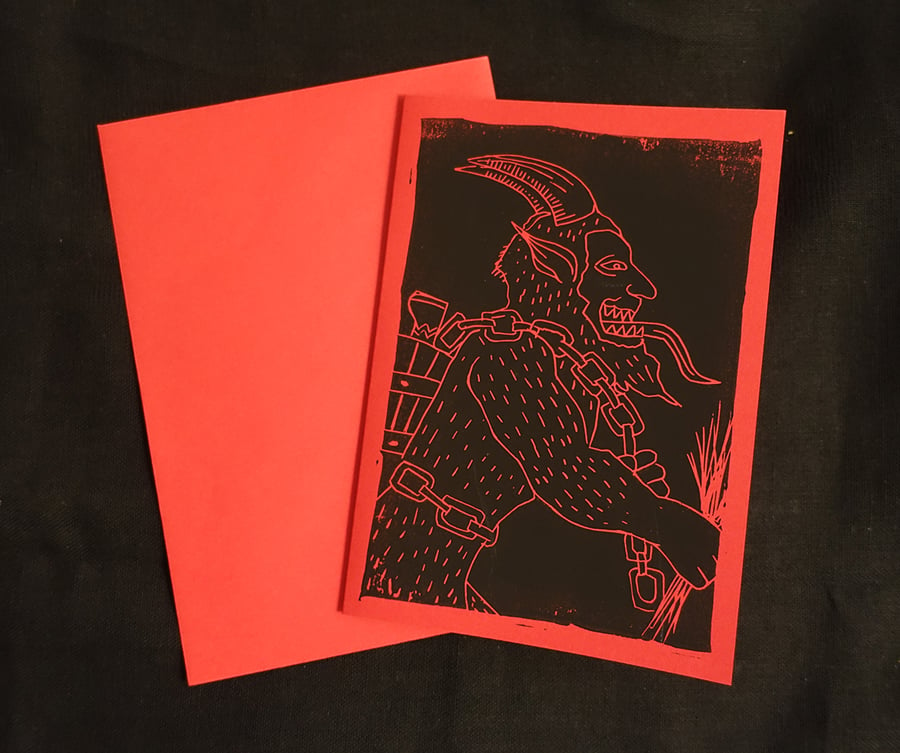 Krampus Alternative Christmas Card, Lino Print, German Mythology A6 Print