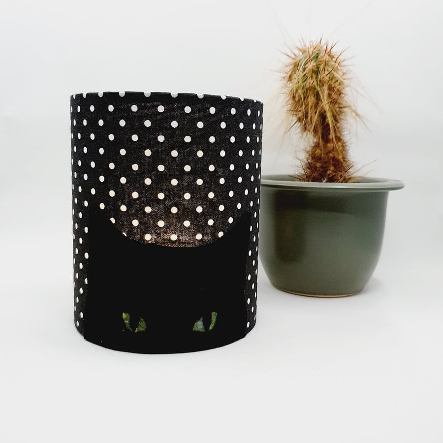 Black Cat Silhouette Lantern with LED candle and white spotty black fabric