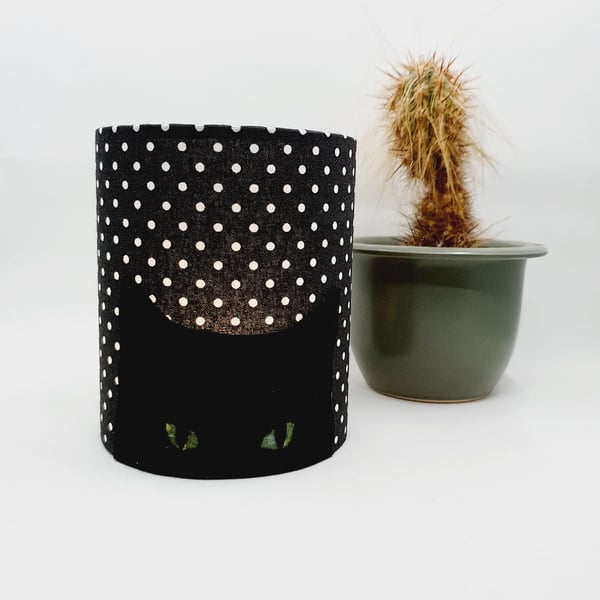 Black Cat Silhouette Lantern with LED candle and white spotty black fabric