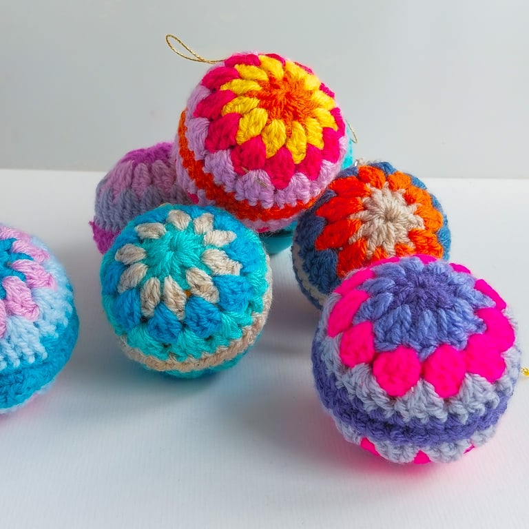 Crochet Christmas Baubles in bright colours