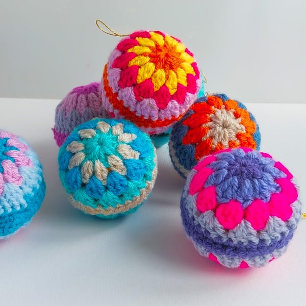 Crochet Christmas Baubles in bright colours