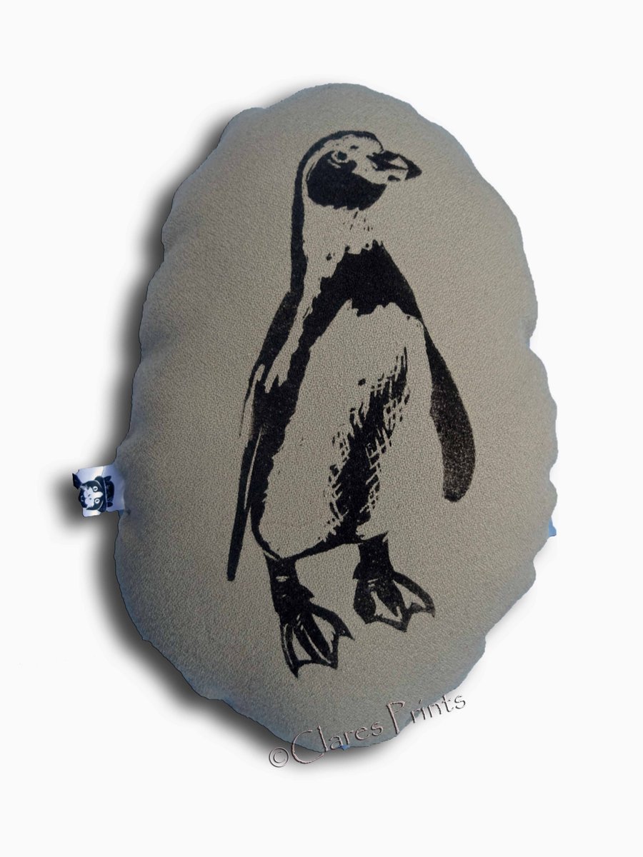Sale Penguin Stuffie Cream Cushion Hand Printed Linocut Handmade