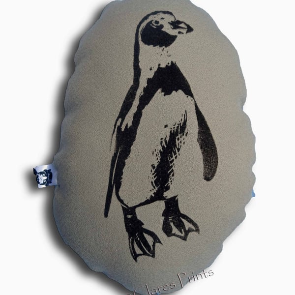 Sale Penguin Stuffie Cream Cushion Hand Printed Linocut Handmade