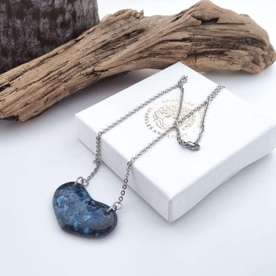 Dark Blue Fused Glass Heart Necklace with Stainless Steel Chain