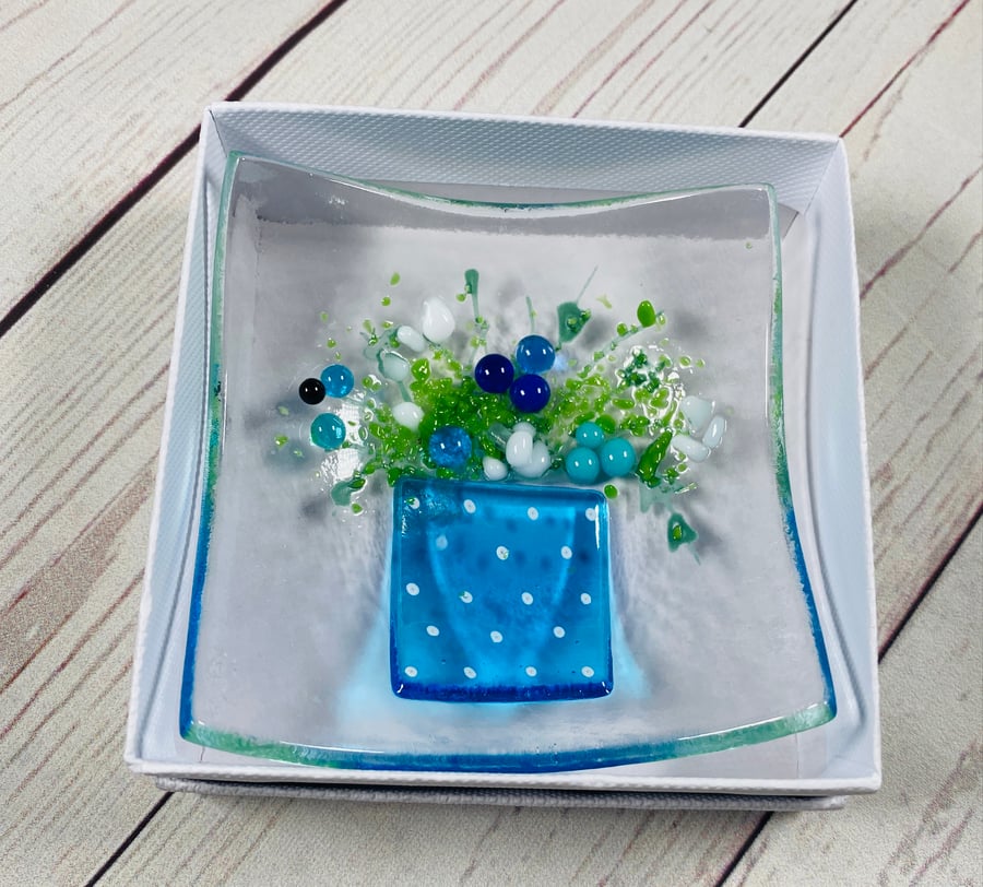 Fused glass blue flower pot trinket dish 