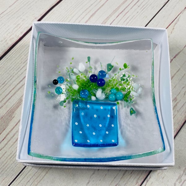 Fused glass blue flower pot trinket dish 