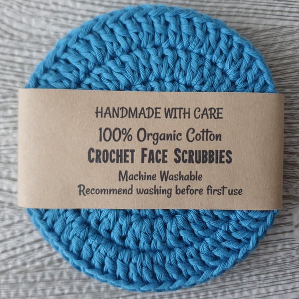 100% Organic Cotton Blue Crocheted Handmade Face Scrubbies, Pack of 3, Reusable