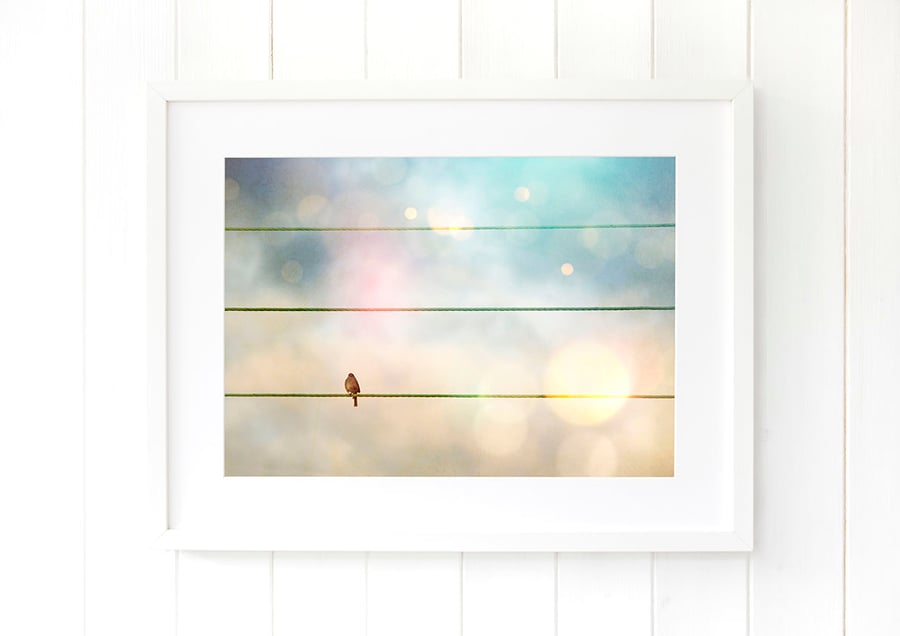 Bird on a wire print, pastel bedroom wall art, dreamy nursery art bird gift