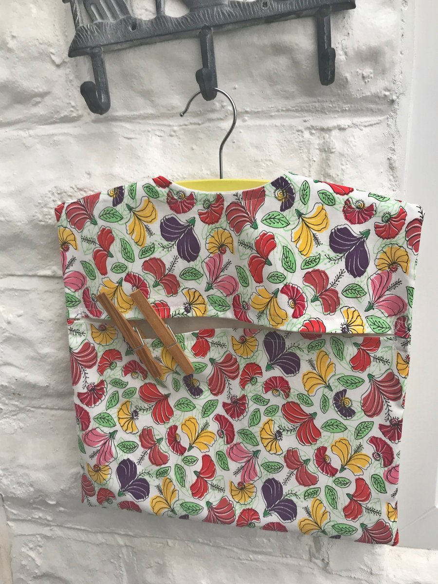 Lined White Floral Peg Bag with wood hanger