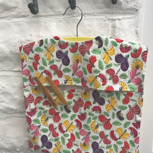 Lined White Floral Peg Bag with wood hanger