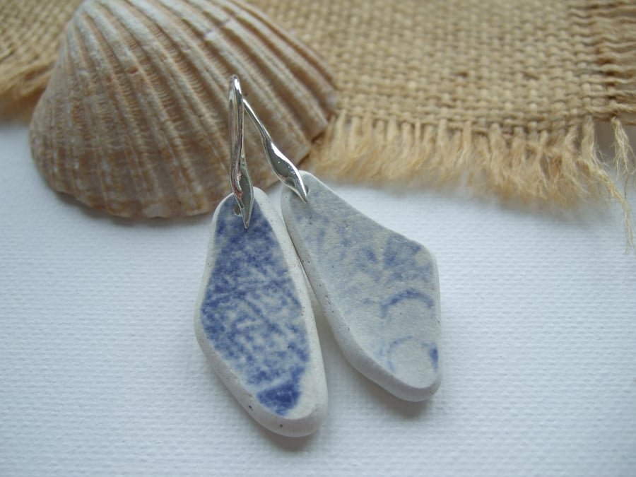 Scottish sea pottery blue jewellery, Long drops, pattern sterling silver pottery