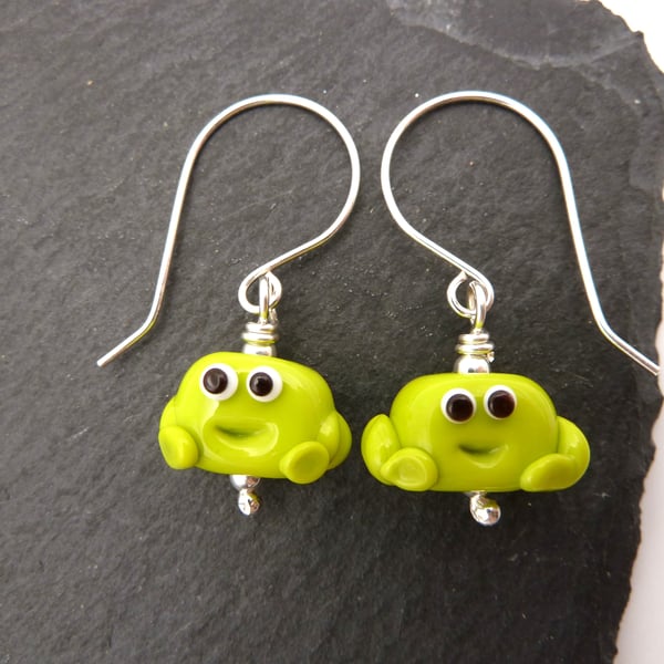 lampwork glass frog earrings, sterling silver jewellery