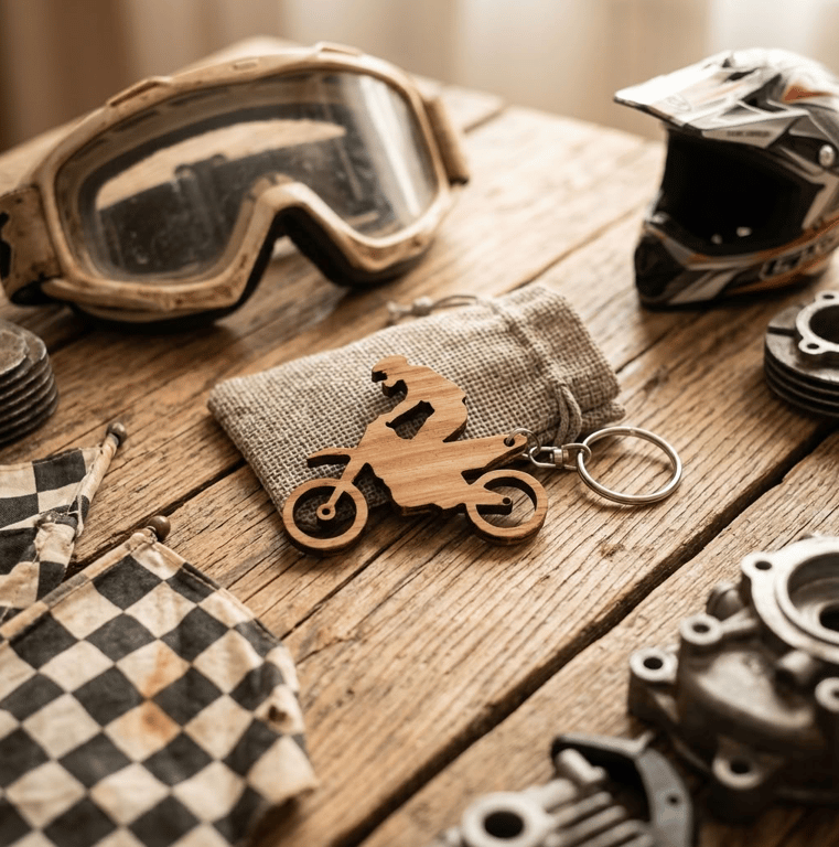 Motorbike Wood Keyring with Gift Bag - Motocross Keychain