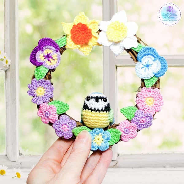 Crochet blue tit, floral spring wreath. Mixed media decorative wreath.