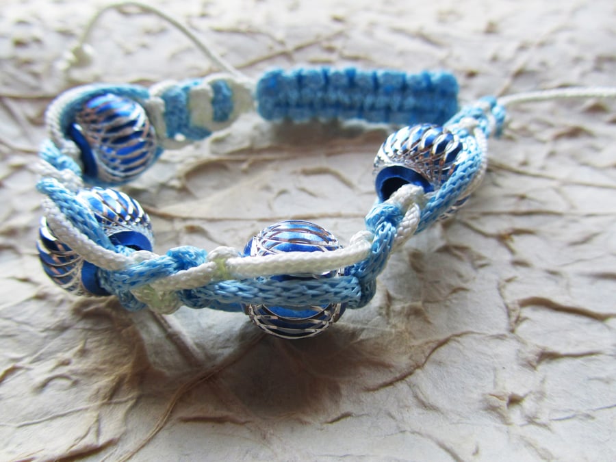 Light Blue White Macrame Bracelet with 4 Aluminium Beads 