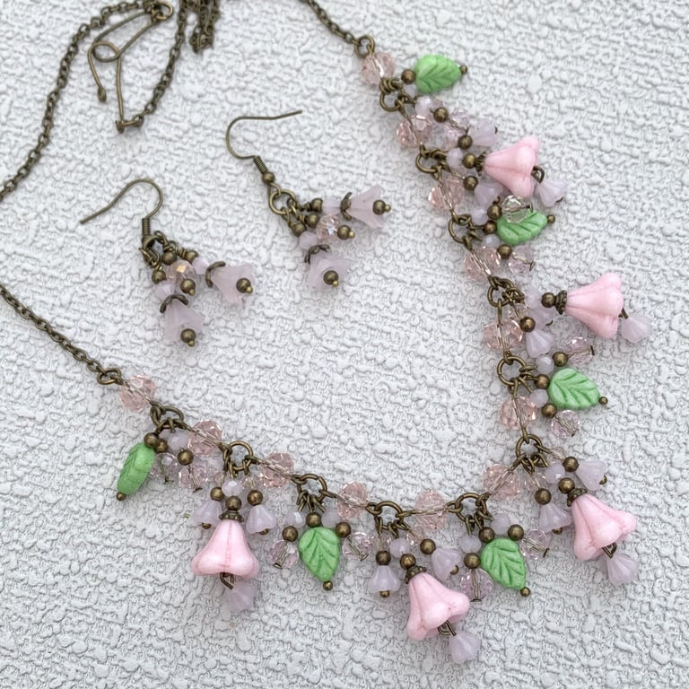 Czech Glass and Bronze Vintage Style Pink Floral Necklace Set