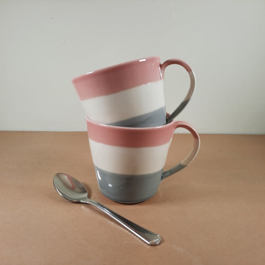 Large hand thrown pink and grey porcelain stoneware mug