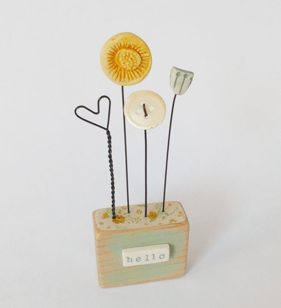 Clay and Button Flower Garden in an Oak Wood Block 'hello' 