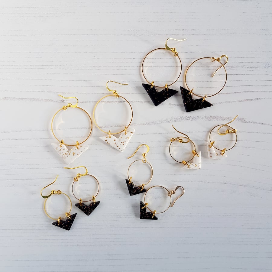 V shaped hoop earrings with gold leaf, two sizes and colours available