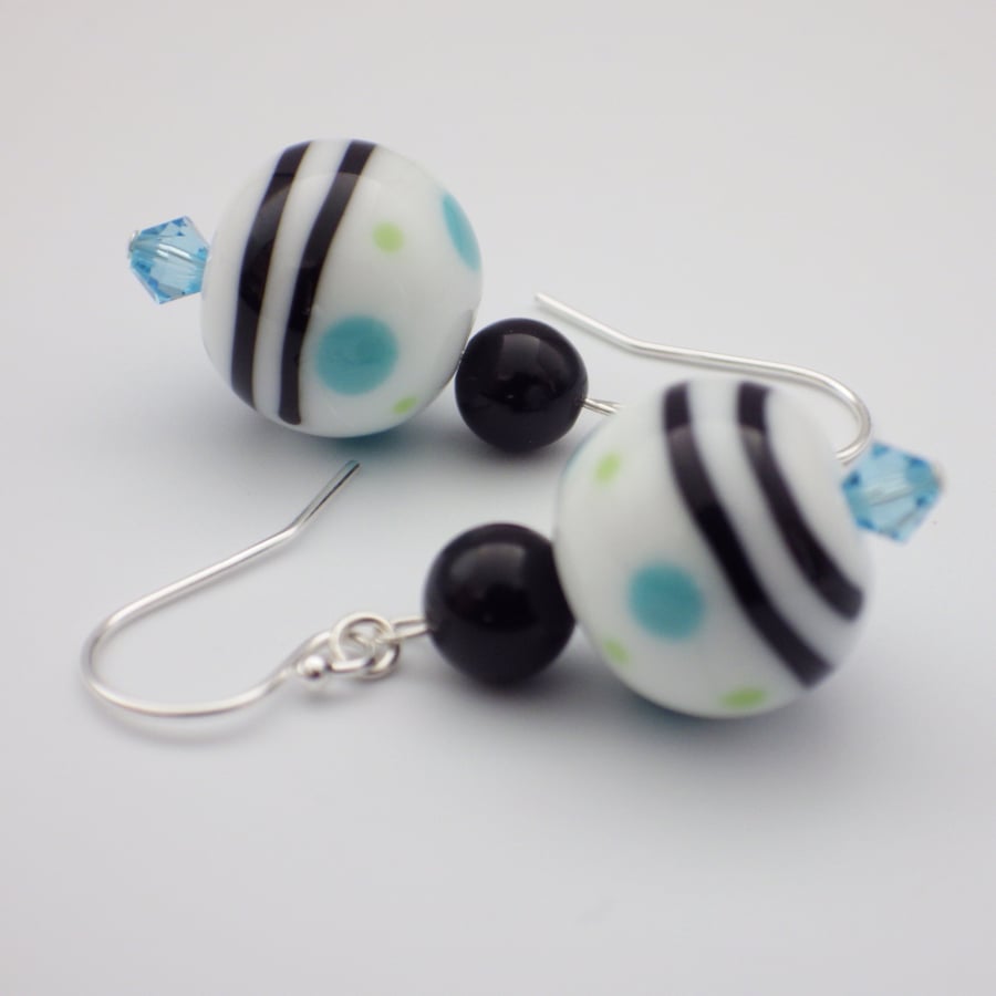 Funky blue, green and black UK lampwork glass bead earrings with onyx