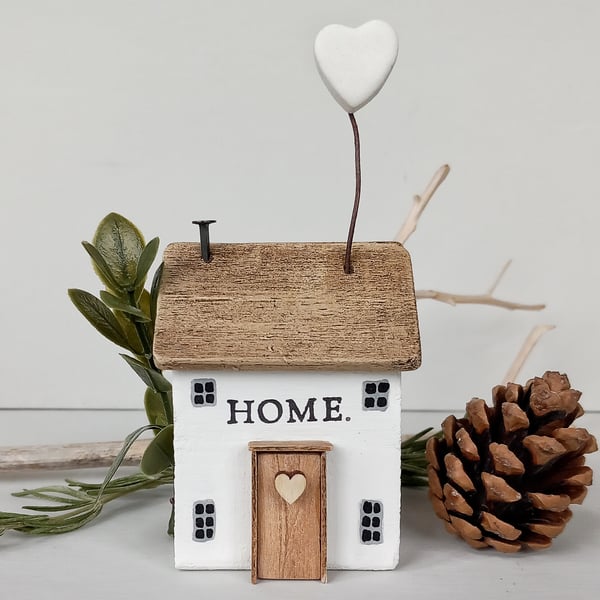 HOME Cottage (white) - Wooden House with White Clay Heart. Made to Order 