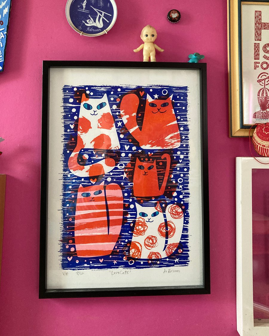 LoveCats original screen print  Unframed by Jo Brown happytomato 