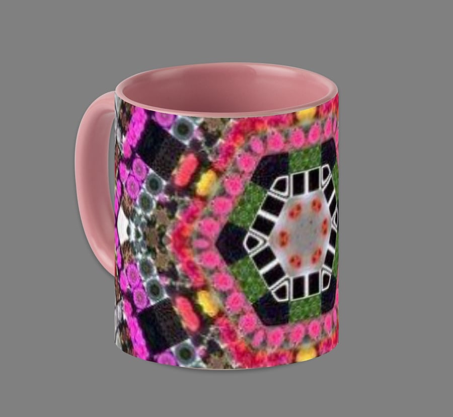 ABSTRACT MULTICOLOURED MUG;PINK  INTERIOR.