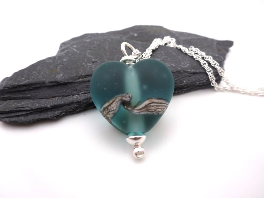 lampwork glass aqua sea pendant necklace, sterling silver chain