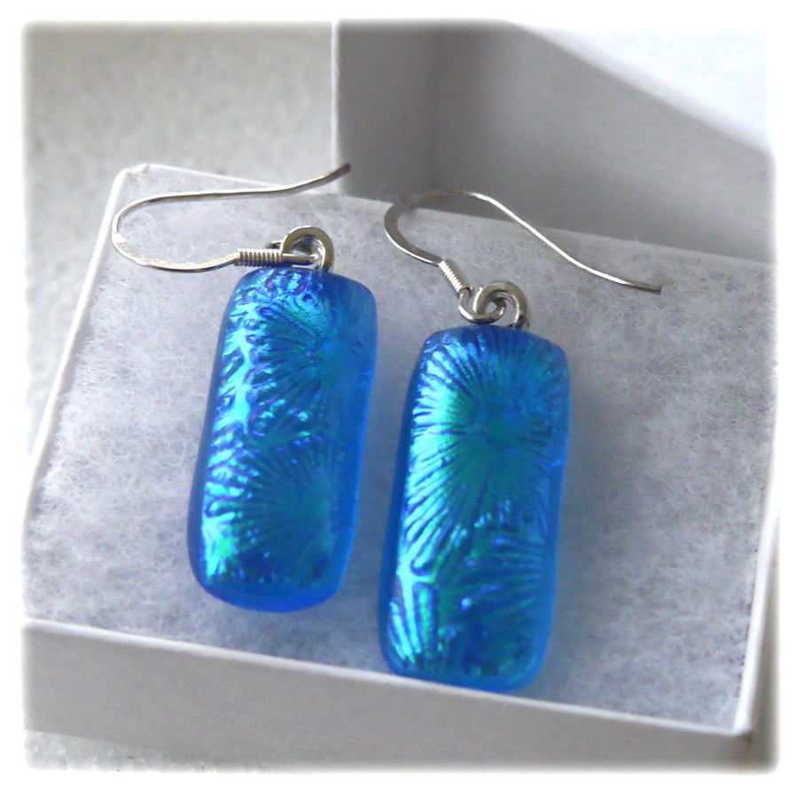Handmade Fused Dichroic Glass Earrings 277 Blue Turquoise Florentine