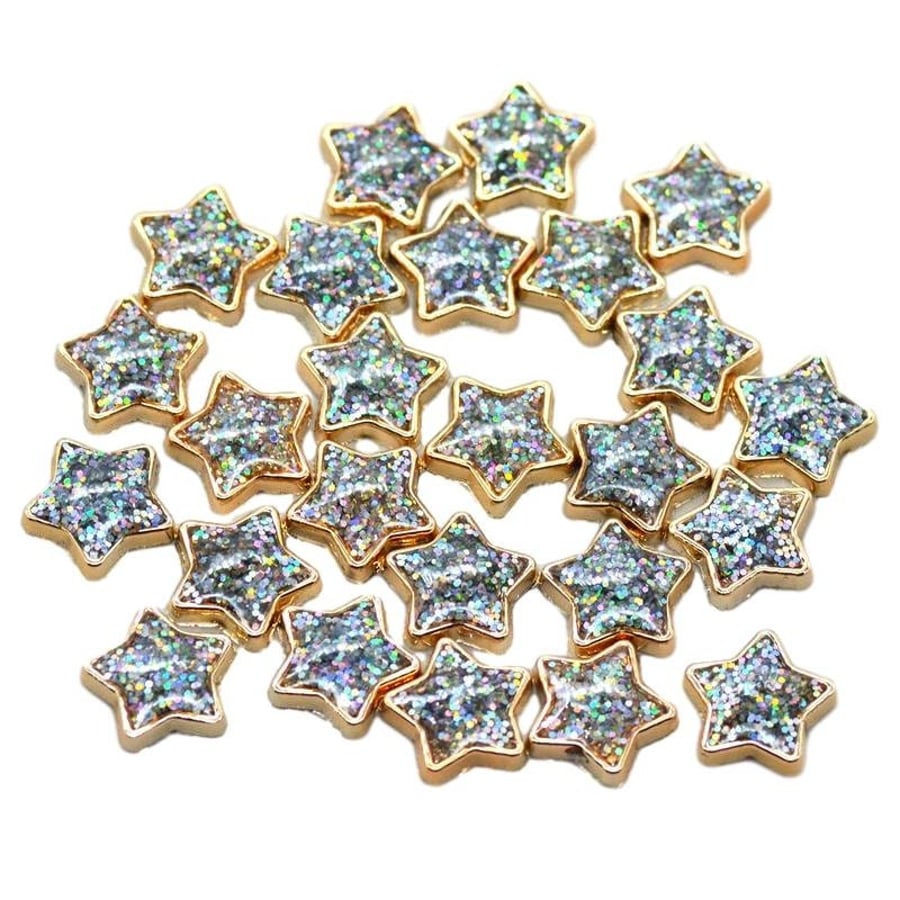 Gold Resin Stars Cabochon with Iridescent Glitter Sparkle Dots Flat Back Embelli