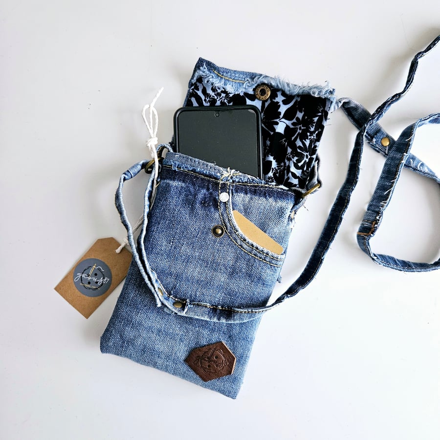 Crossbody phone bag,  mobile phone case, upcycled denim bag, small jeans bag