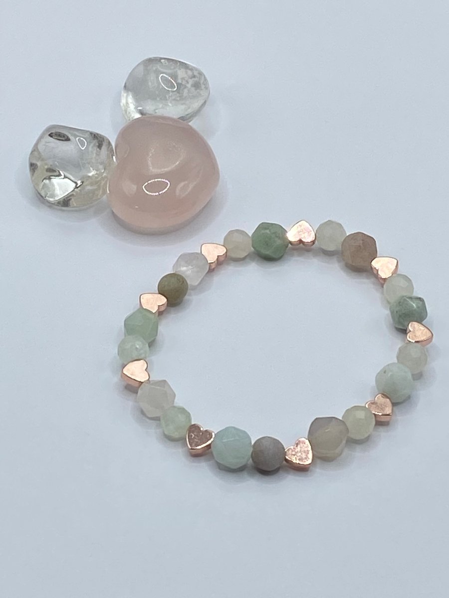 Multi gemstone stretchy bracelet with rose gold plated hearts