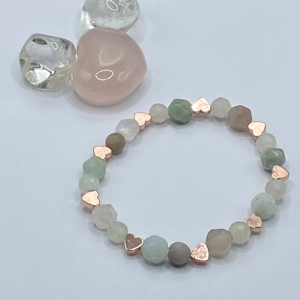 Multi gemstone stretchy bracelet with rose gold plated hearts