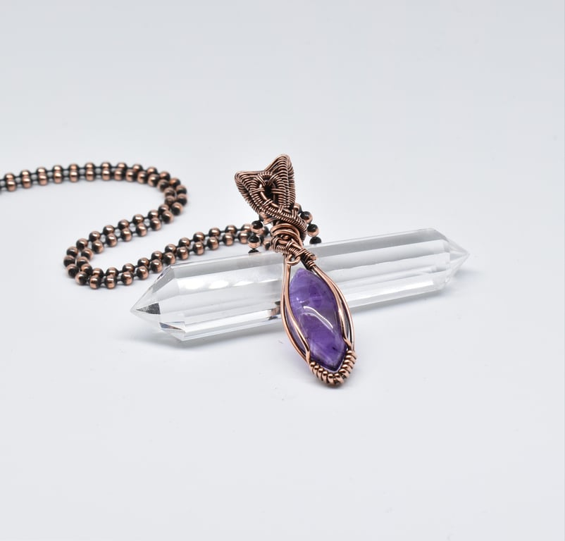 Wire Wrapped Dainty Amethyst and Copper Pendant
