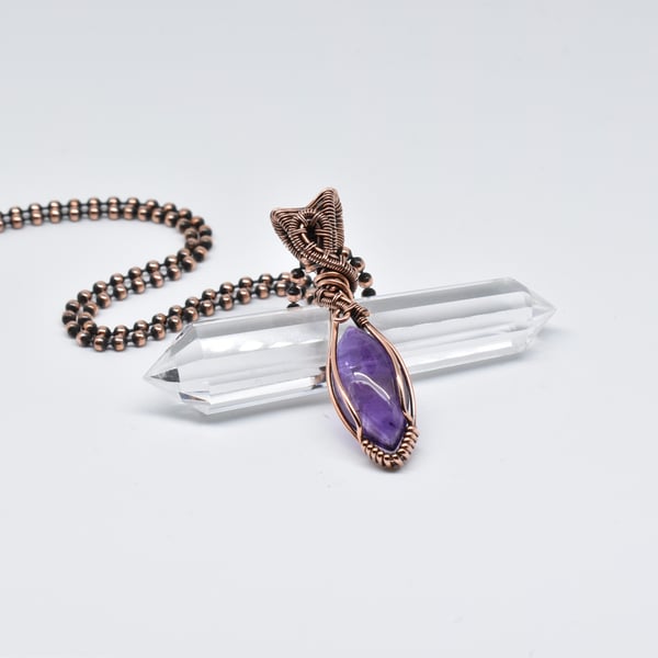 Wire Wrapped Dainty Amethyst and Copper Pendant