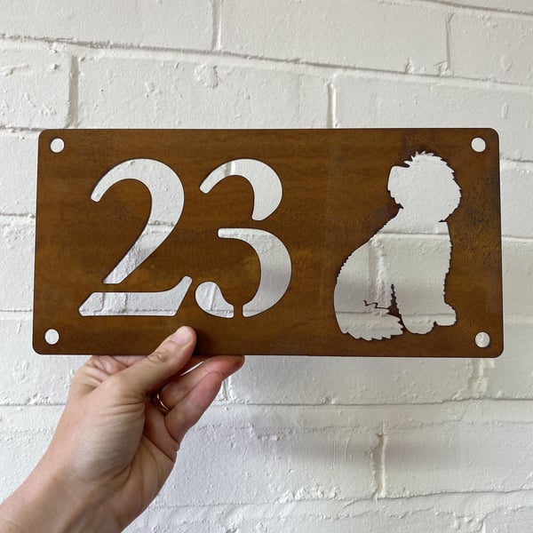 House Number with Cockapoo Sign - Rustic Rusted Garden Sign