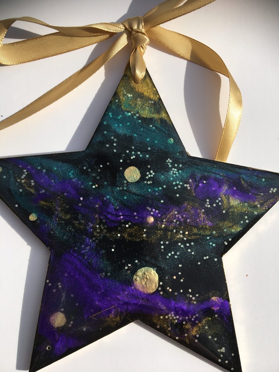 Christmas ornament, Galaxy themed star, glow in a dark , glitter backing 