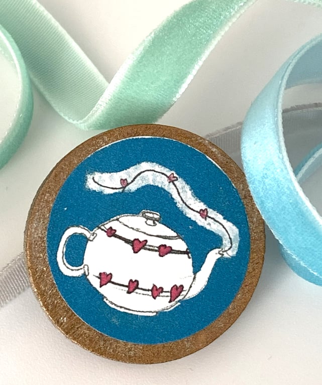 Wooden teapot brooch with golden edge perfectly imperfect