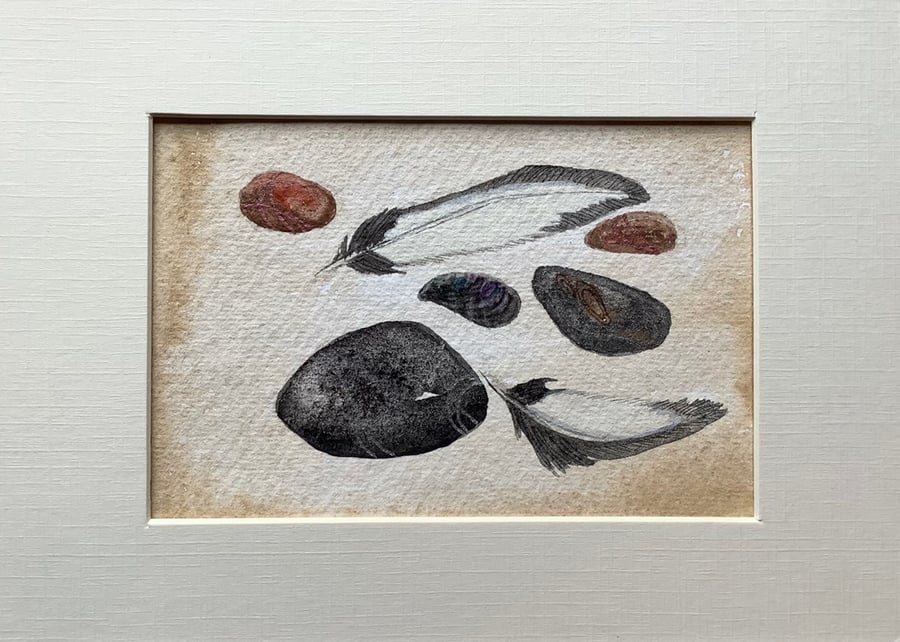 Original painting gull feathers and stones 