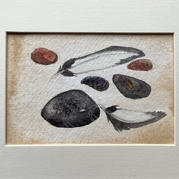 Original painting gull feathers and stones 